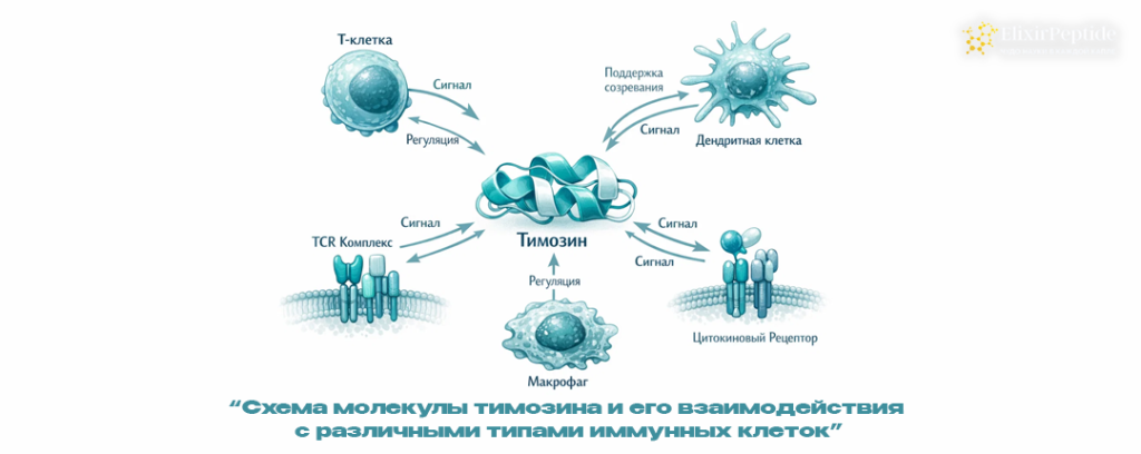 Схема молекулы тимозина и его взаимодействия с различными типами иммунных клеток.png Схема молекулы тимозина и его взаимодействия с различными типами иммунных клеток.png