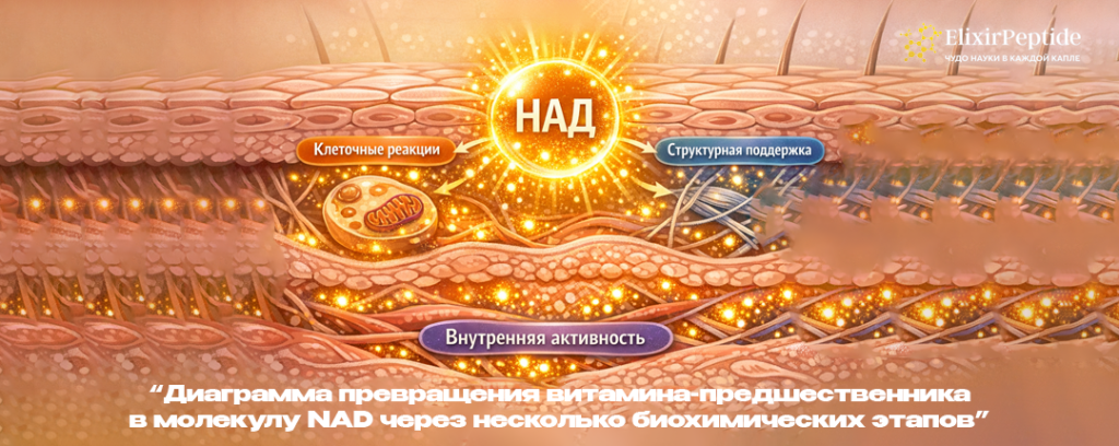 Диаграмма превращения витамина-предшественника в молекулу NAD через несколько биохимических этапов. .png Диаграмма превращения витамина-предшественника в молекулу NAD через несколько биохимических этапов. .png