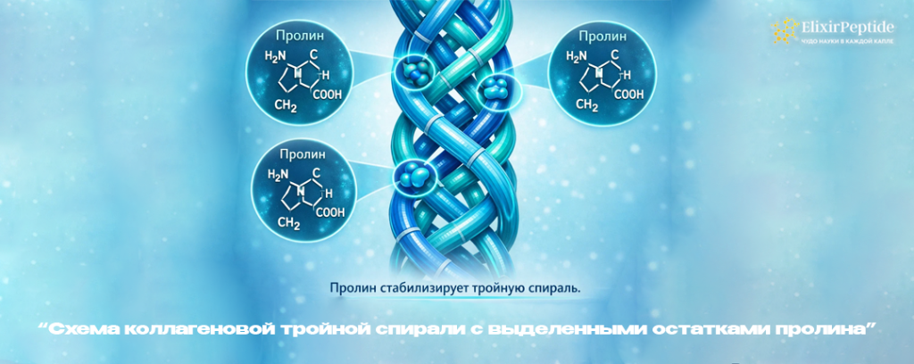 Схема коллагеновой тройной спирали с выделенными остатками пролина.png Схема коллагеновой тройной спирали с выделенными остатками пролина.png