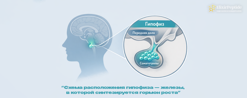 Схема расположения гипофиза железы в которой синтезируется гормон роста.png Схема расположения гипофиза железы в которой синтезируется гормон роста.png
