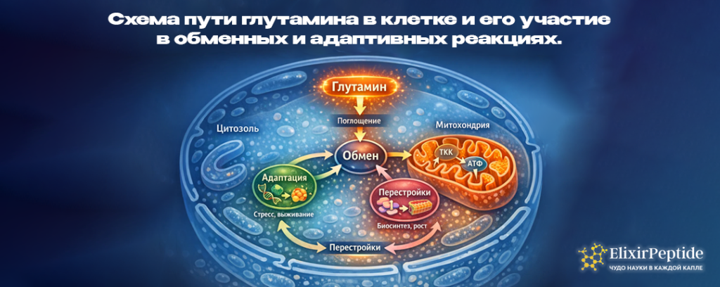 Схема пути глутамина в клетке и его участие в обменных и адаптивных реакциях. .png Схема пути глутамина в клетке и его участие в обменных и адаптивных реакциях. .png