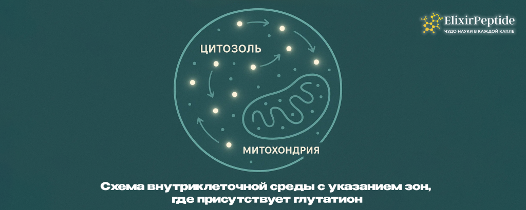 Схема внутриклеточной среды с указанием зон, где присутствует глутатион. .png Схема внутриклеточной среды с указанием зон, где присутствует глутатион. .png